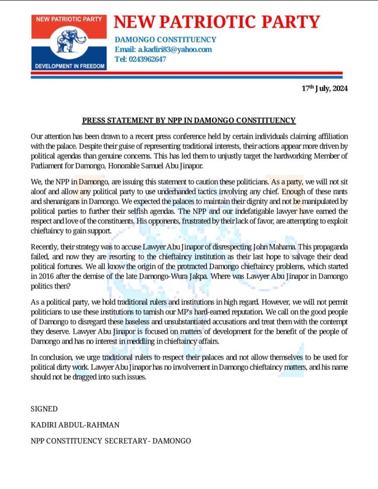 Damongo NPP Accuses Political Opponents of Hiding Behind Chieftaincy to Tarnish the Image of Abu Jinapor.